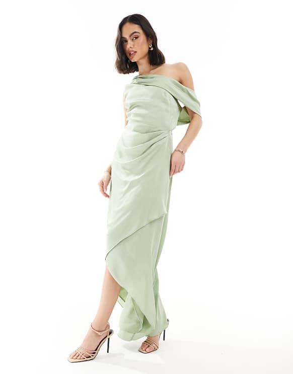 TFNC Bridesmaid satin fallen shoulder maxi dress with wrap skirt in sage