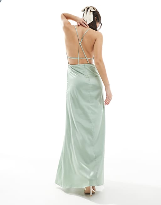 TFNC Bridesmaid Satin Maxi Dress With Minimal Back Detail In Sage Green