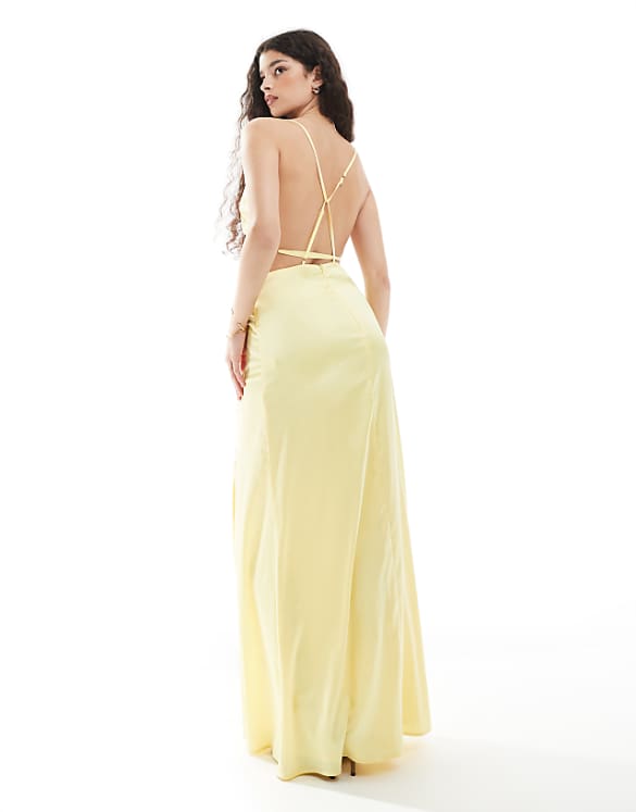 TFNC Bridesmaid satin maxi dress with minimal back detail in lemon