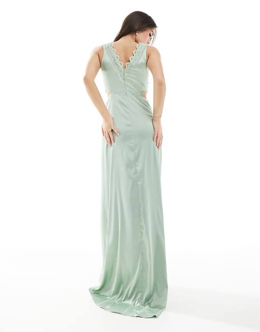 TFNC Bridesmaid Satin Maxi Dress With Scalloped Lace Detail In Sage