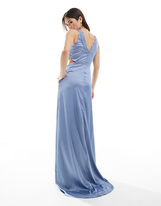 TFNC Bridesmaid Satin Maxi Dress With Scalloped Lace Detail In Dusty Blue