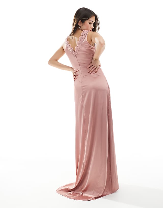 TFNC Bridesmaid Satin Maxi Dress With Scalloped Lace Detail In Dusky Pink