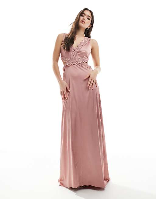 TFNC Bridesmaid Satin Maxi Dress With Scalloped Lace Detail In Dusky Pink
