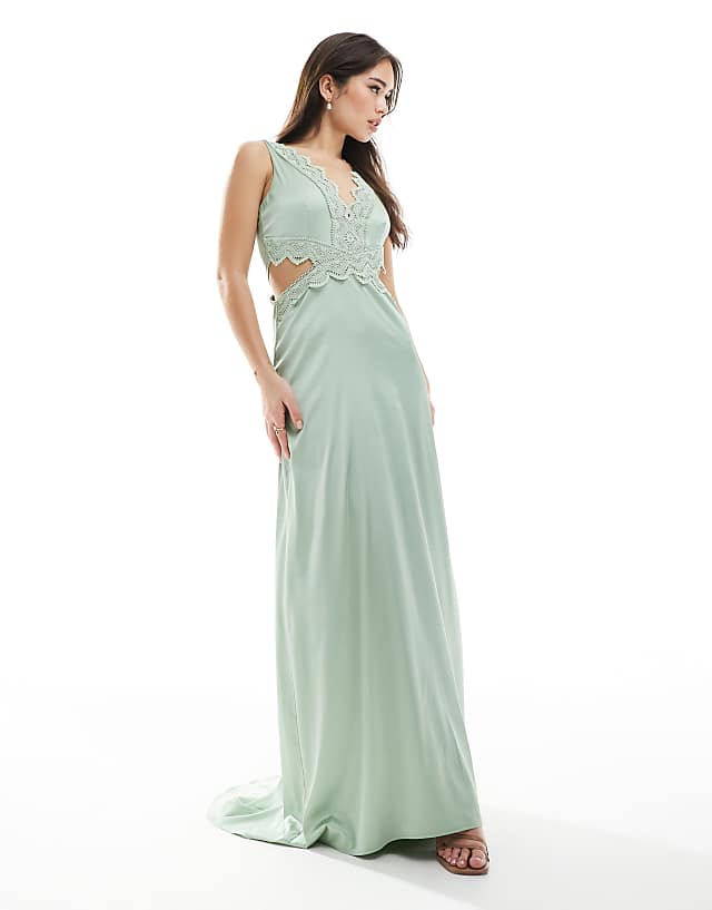 TFNC Bridesmaid satin maxi dress with scalloped lace detail in sage