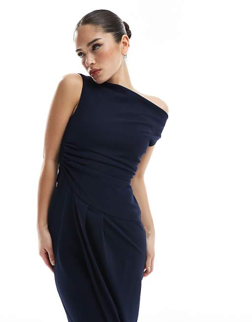 TFNC Bridesmaid Slash Neck Maxi Dress With Ruching Detail In Navy