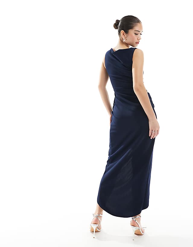 TFNC Bridesmaid Slash Neck Maxi Dress With Ruching Detail In Navy