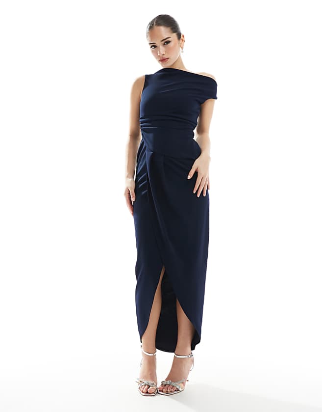 TFNC Bridesmaid slash neck maxi dress with ruching detail in navy