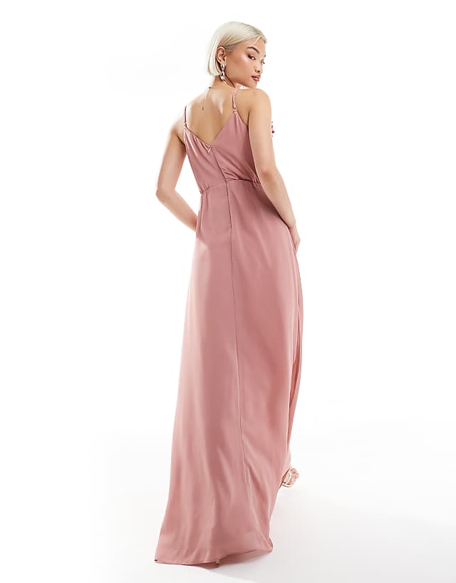 TFNC Bridesmaid Wrap Front Chiffon Maxi Dress With Frill Detail And Split In Dusky Pink