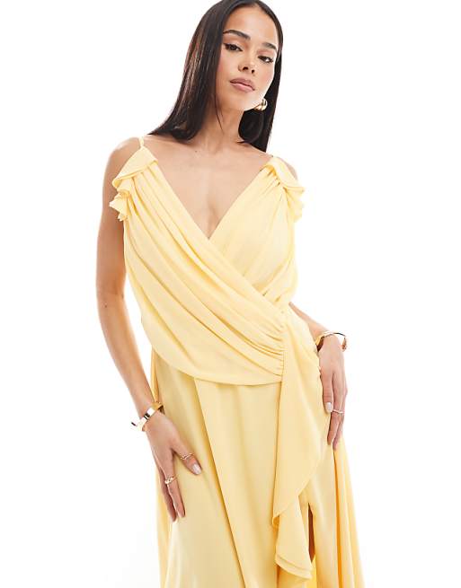 TFNC Bridesmaid Wrap Front Chiffon Maxi Dress With Frill Detail And Split In Lemon
