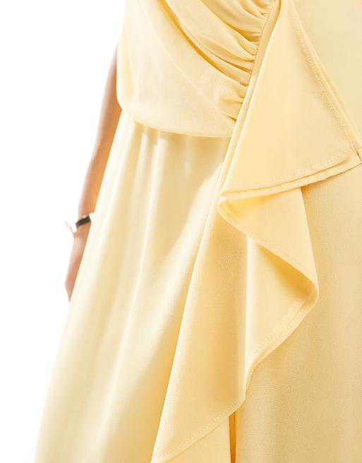 TFNC Bridesmaid Wrap Front Chiffon Maxi Dress With Frill Detail And Split In Lemon