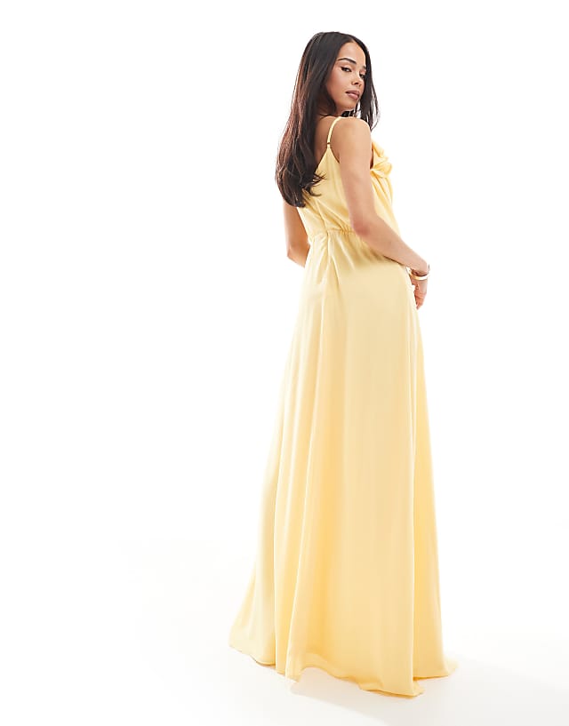 TFNC Bridesmaid Wrap Front Chiffon Maxi Dress With Frill Detail And Split In Lemon