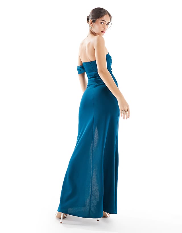 TFNC Bridesmaids Asymmetric Bardot Maxi Dress In Teal