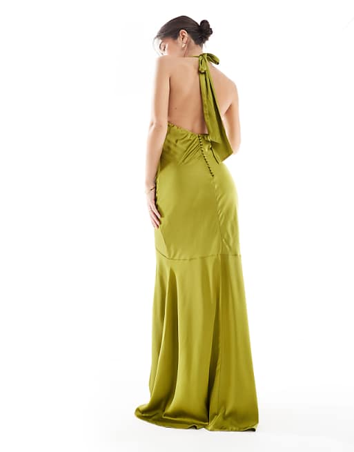 TFNC Bridesmaids Cowl Halterneck Satin Maxi Dress In Olive