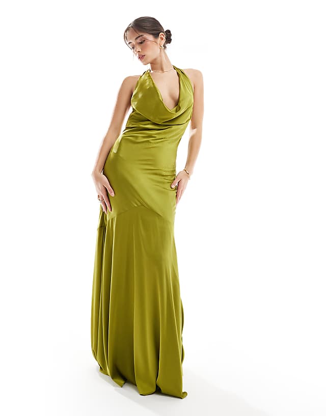 TFNC Bridesmaids cowl halterneck satin maxi dress in olive