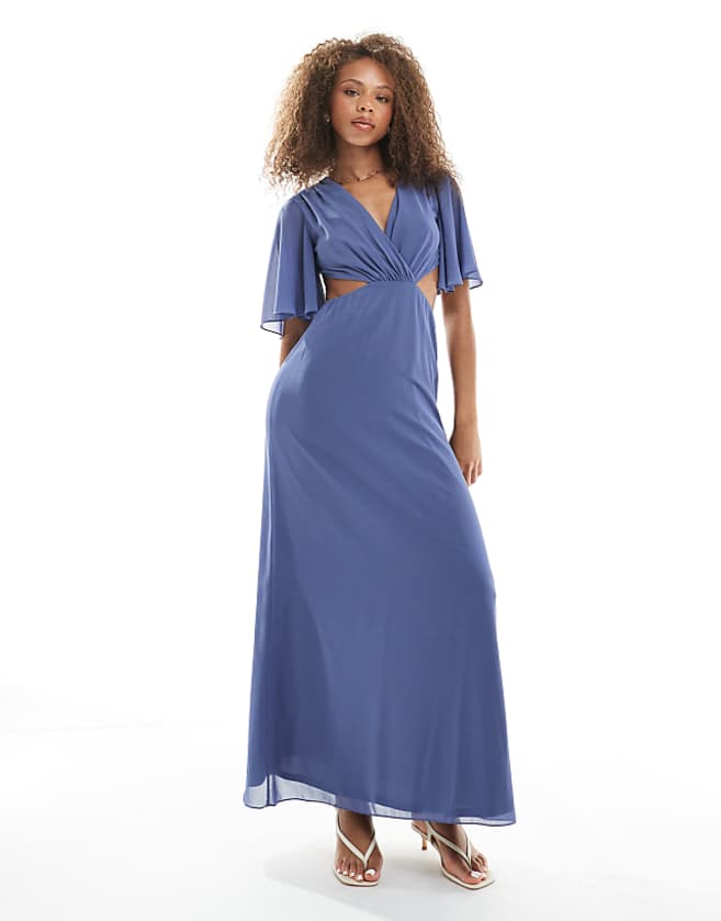TFNC Bridesmaids flare sleeve cut-out maxi dress with bow back in dusky blue