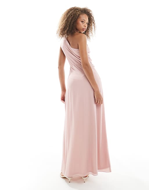 TFNC Bridesmaids One Shoulder Drape Front Maxi Dress In Mauve Pink