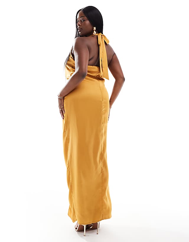 TFNC Bridesmaids Plus Satin Halterneck Twist Front Maxi Dress In Marigold