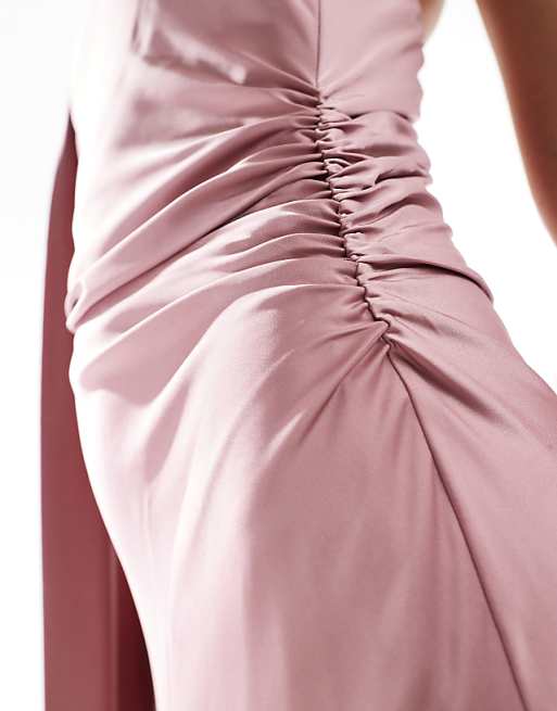 TFNC Bridesmaids Satin Asymmetric Maxi Dress With Scarf Neck In Mauve Pink