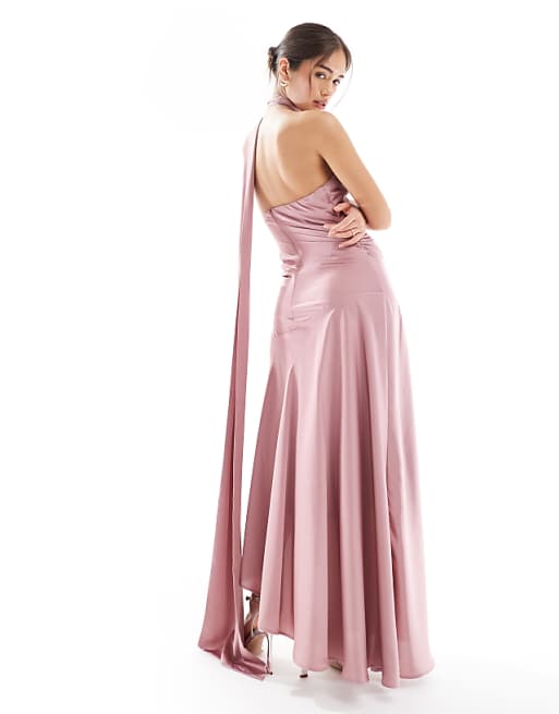 TFNC Bridesmaids Satin Asymmetric Maxi Dress With Scarf Neck In Mauve Pink