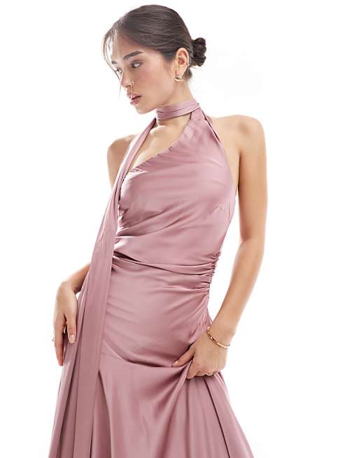 TFNC Bridesmaids Satin Asymmetric Maxi Dress With Scarf Neck In Mauve Pink