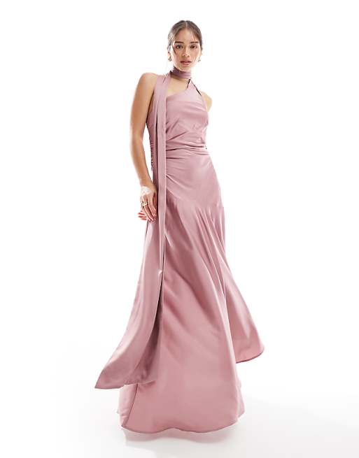 TFNC Bridesmaids satin asymmetric maxi dress with scarf neck in mauve pink