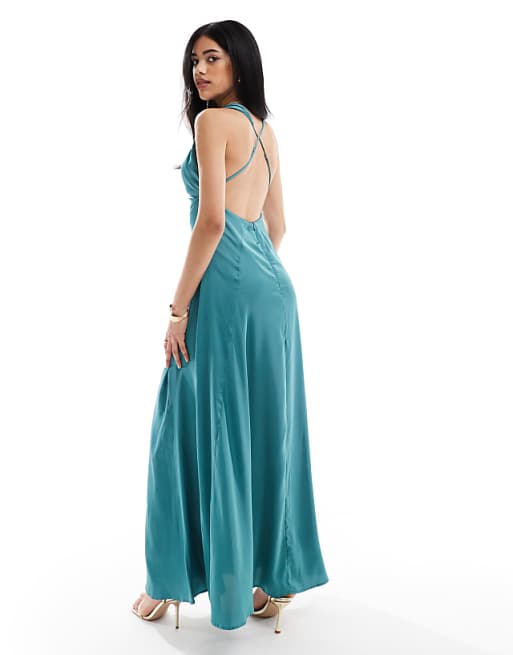 TFNC Cowl Neck Satin Maxi Dress With Open Back In Teal