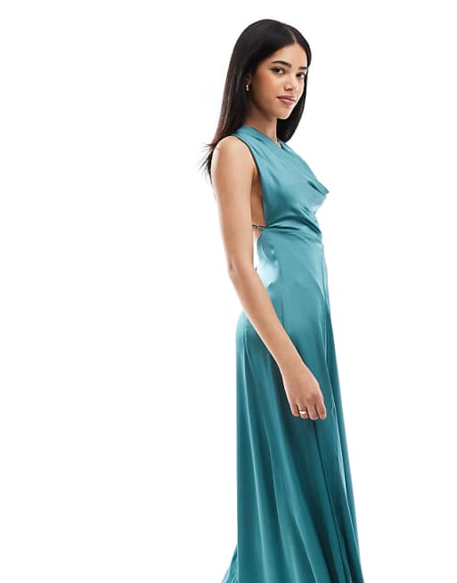 TFNC Cowl Neck Satin Maxi Dress With Open Back In Teal