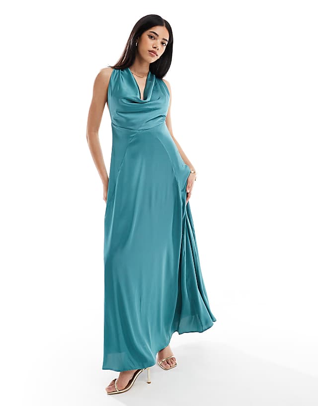TFNC Cowl Neck Satin Maxi Dress With Open Back In Teal