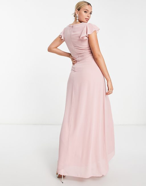 TFNC Maternity Bridesmaid Flutter Sleeve Ruffle Detail Maxi Dress In Blush