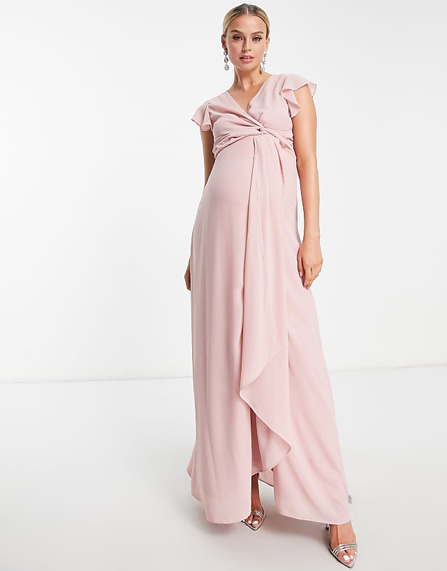 TFNC Maternity Bridesmaid Flutter Sleeve Ruffle Detail Maxi Dress In Blush