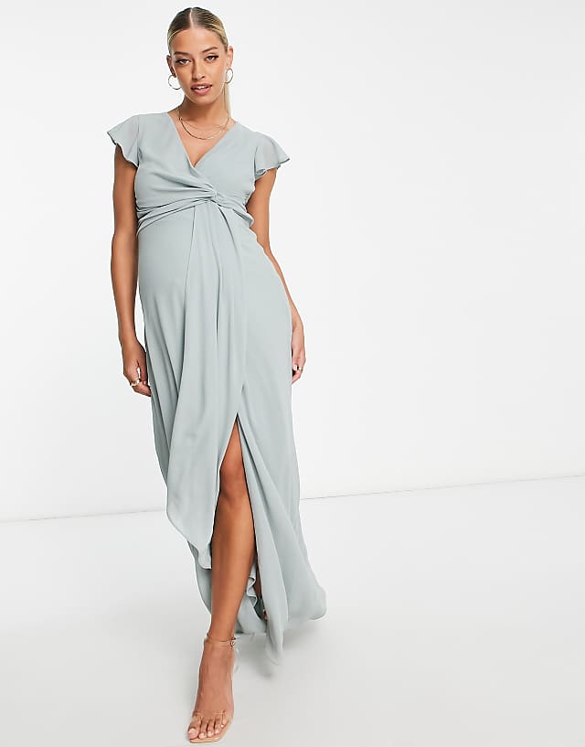 TFNC Maternity Bridesmaid Flutter Sleeve Ruffle Detail Maxi Dress In Sage