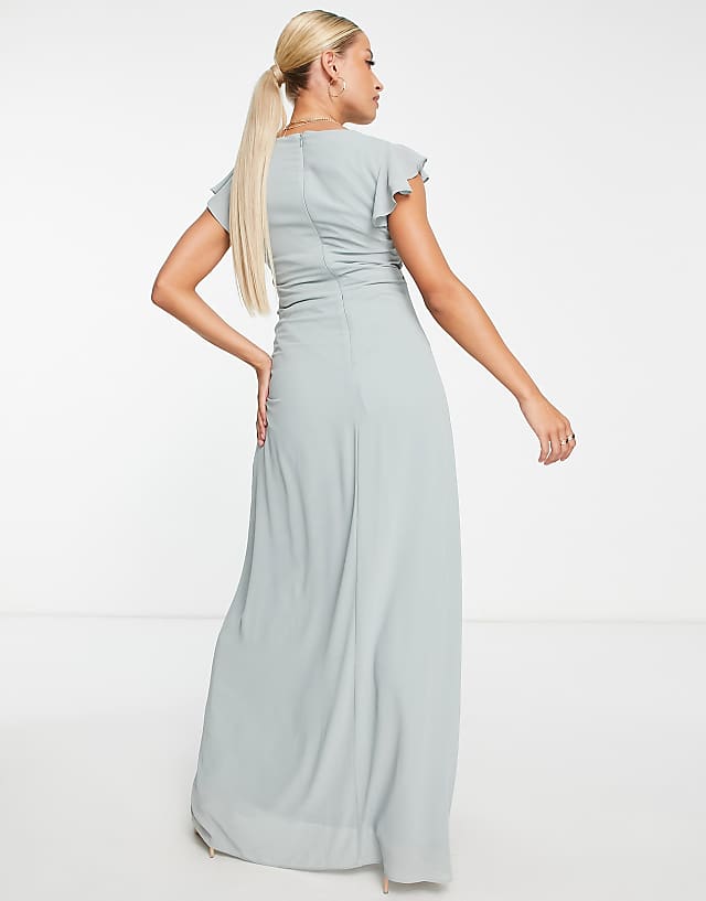 TFNC Maternity Bridesmaid Flutter Sleeve Ruffle Detail Maxi Dress In Sage