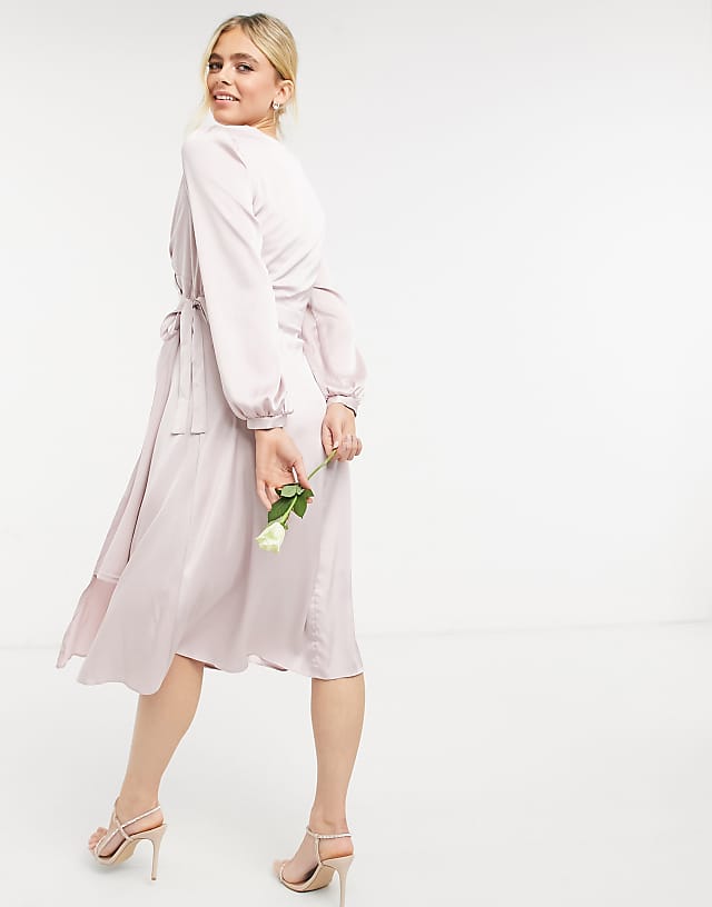 TFNC Maternity Bridesmaid Satin Long Sleeve Wrap Front Midi Dress In Mink