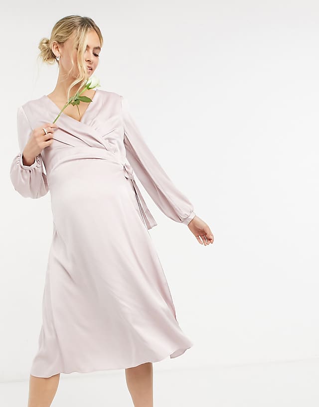 TFNC Maternity Bridesmaid Satin Long Sleeve Wrap Front Midi Dress In Mink