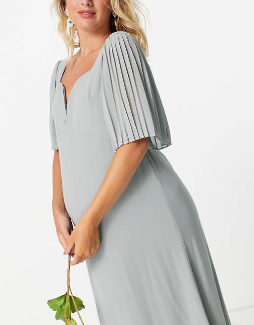 TFNC Maternity Bridesmaid Sweetheart Neck Flutter Sleeve Maxi Dress In Sage
