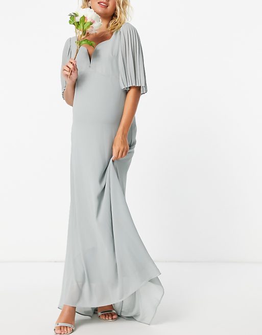 TFNC Maternity Bridesmaid Sweetheart Neck Flutter Sleeve Maxi Dress In Sage