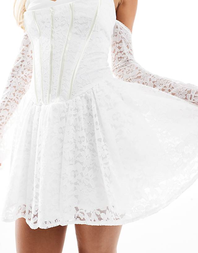 TFNC Petite Bridal Corset Mini Dress With Lace Sleeves In White