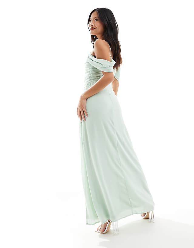 TFNC Petite Bridesmaid Chiffon Cold Shoulder Maxi Dress In Fresh Mint
