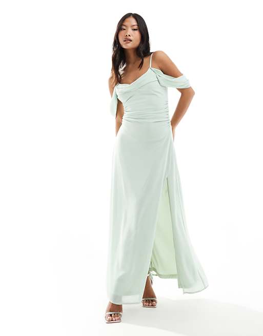 TFNC Petite Bridesmaid Chiffon Cold Shoulder Maxi Dress In Fresh Mint