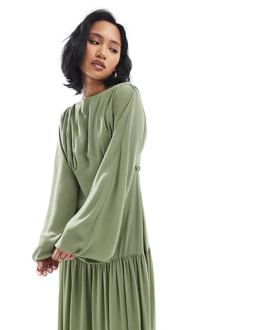 TFNC Petite Bridesmaid Chiffon Maxi Dress With Tiered Skirt In Sage
