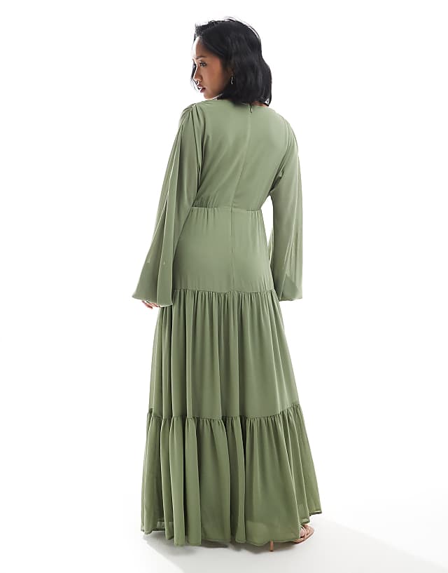 TFNC Petite Bridesmaid Chiffon Maxi Dress With Tiered Skirt In Sage