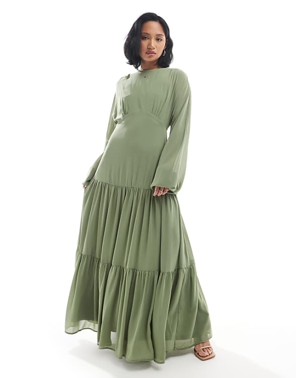 TFNC Petite Bridesmaid chiffon maxi dress with tiered skirt in sage