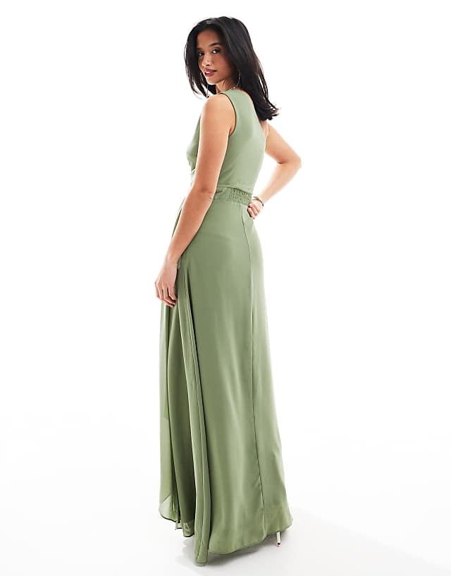 TFNC Petite Bridesmaid Chiffon Maxi Dress With Wrap Skirt In Dark Green