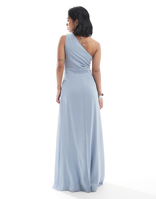TFNC Petite Bridesmaid Chiffon Maxi Dress With Wrap Skirt In Dusty Blue