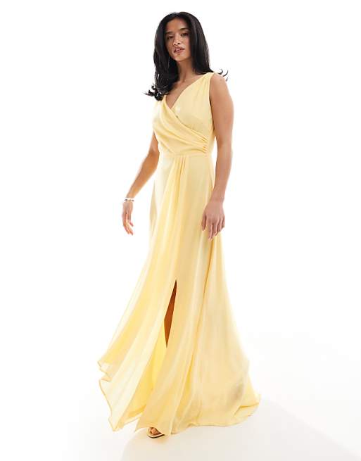 TFNC Petite Bridesmaid Chiffon Wrap Front Maxi Dress With Wrap Skirt In Lemon