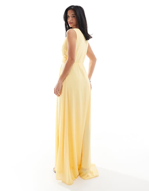 TFNC Petite Bridesmaid Chiffon Wrap Front Maxi Dress With Wrap Skirt In Lemon