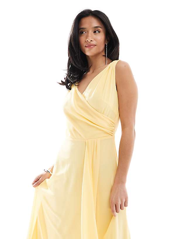 TFNC Petite Bridesmaid Chiffon Wrap Front Maxi Dress With Wrap Skirt In Lemon