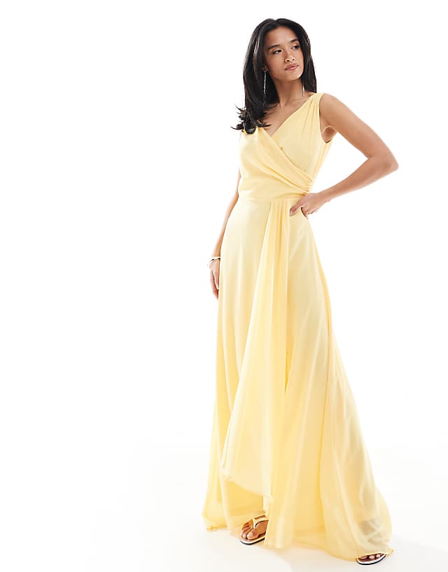 TFNC Petite Bridesmaid chiffon wrap front maxi dress with wrap skirt in lemon