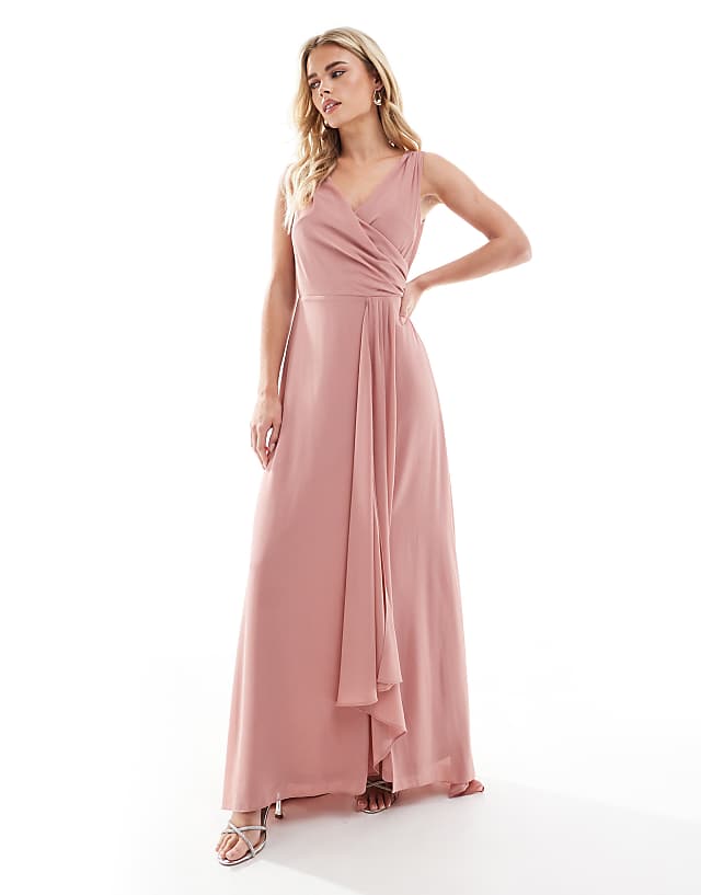 TFNC Petite Bridesmaid chiffon wrap front maxi dress with wrap skirt in dusky pink