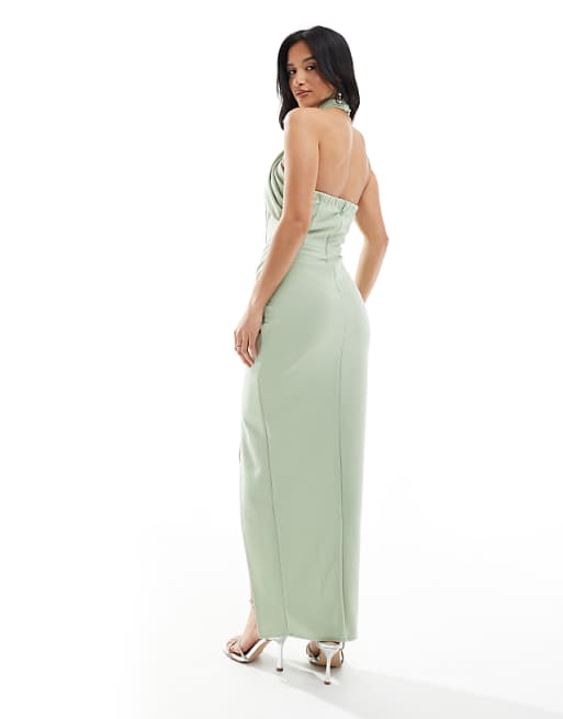 TFNC Petite Bridesmaid Cross Front Maxi Dress With Twist Detail In Sage Green